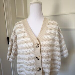 Universal Thread Short-Sleeve Button-Front Cardigan in Cream Striped
